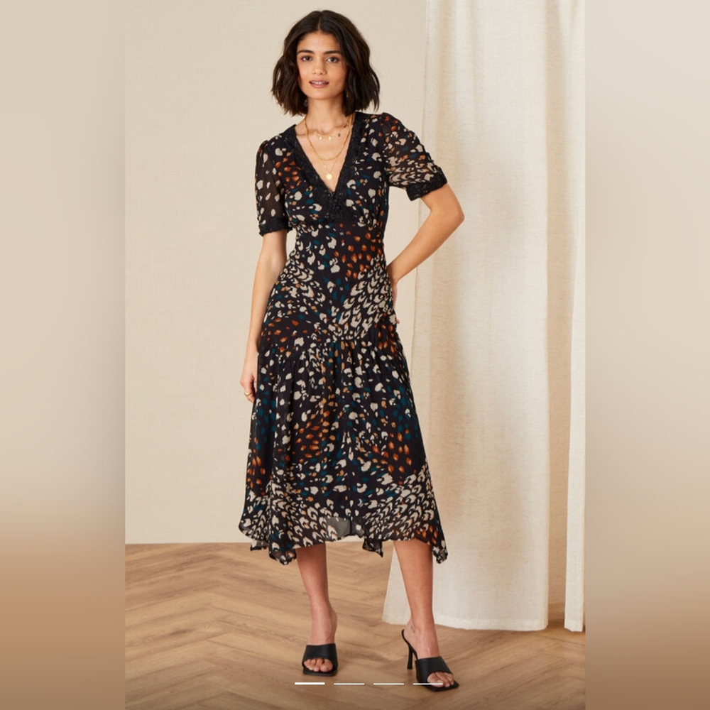 Monsoon Fia Feather Print Hanky Hem Dress Black Size 18